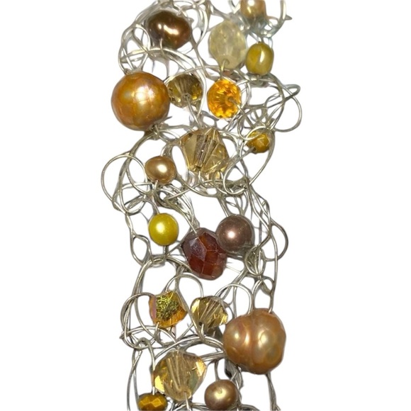 Silver Tone Crotched Wire Freshwater Pearl Crystal Beaded Bead Bracelet - Picture 2 of 6